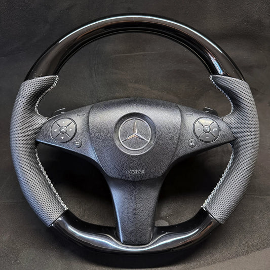 Mercedes W204 W212 Custom Piano Black Steering Wheel with Perforated Leather and Paddle Shifters.