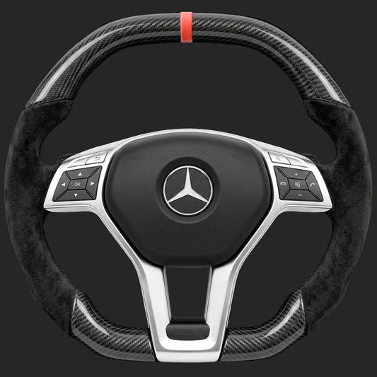 Mercedes-Benz C-Class W204 custom steering wheel: AMG Line wheel with square sport grip, carbon fibre, Alcantara sides, red 12 o'clock stripe and paddle shifters