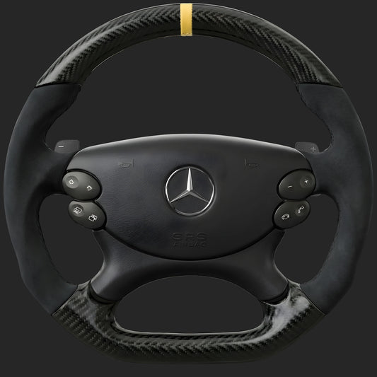 Volant sur mesure pour Mercedes-Benz CLK W209: fibre de carbone en haut et en bas, Alcantara sur les côtés, bande jaune à 12 h et palettes au volant