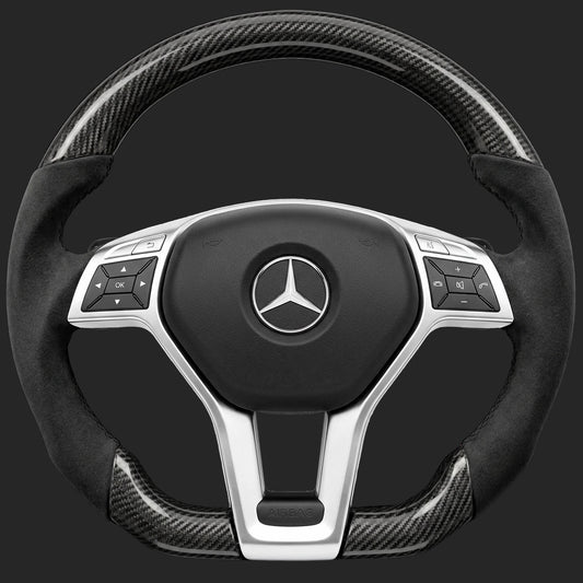 Volante personalizzato per Mercedes-Benz Classe E W212: volante AMG Line con ergonomia sportiva, base piatta, fibra di carbonio, Alcantara sui lati e palette del cambio