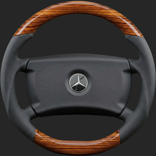 Volant sur mesure pour Mercedes-Benz Classe S W126: zebrano en haut et en bas, ergonomie sport et cuir perforé sur les côtés