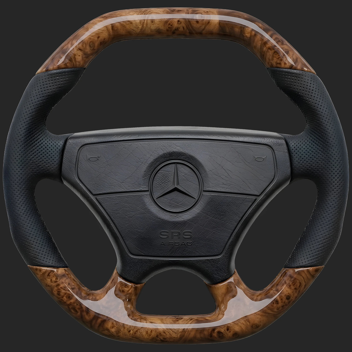 Mercedes-Benz SL R129 custom steering wheel: Sport Line rim with sport grip, burl walnut top and bottom and perforated leather sides