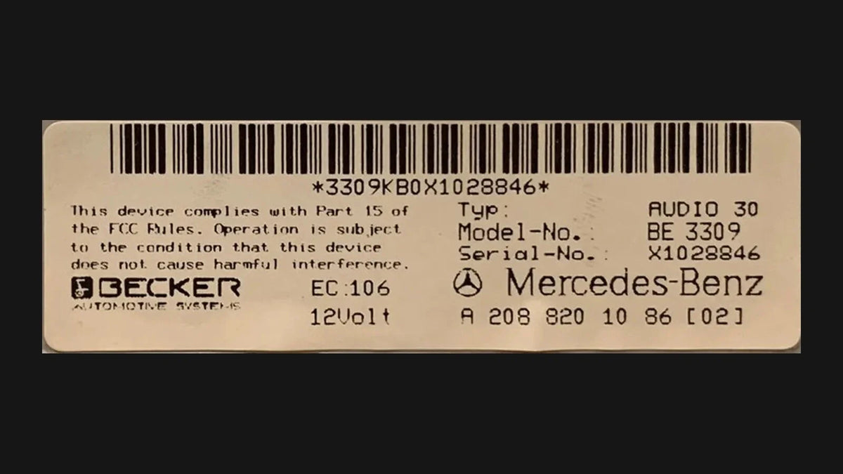 Becker radio label from a Mercedes-Benz Audio 30 showing Typ, Model-No. BE 3309 and Serial-No.
