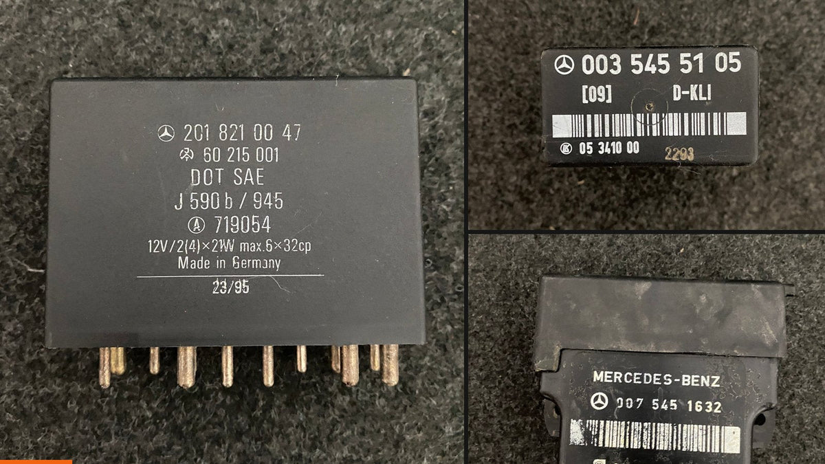 Genuine Mercedes-Benz relays for the W124 and 190E: combination relay 201 821 00 47, D-KLI A/C relay 003 545 51 05 and glow plug relay 007 545 16 32