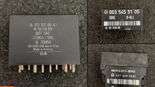 Genuine Mercedes-Benz relays for the W124 and 190E: combination relay 201 821 00 47, D-KLI A/C relay 003 545 51 05 and glow plug relay 007 545 16 32