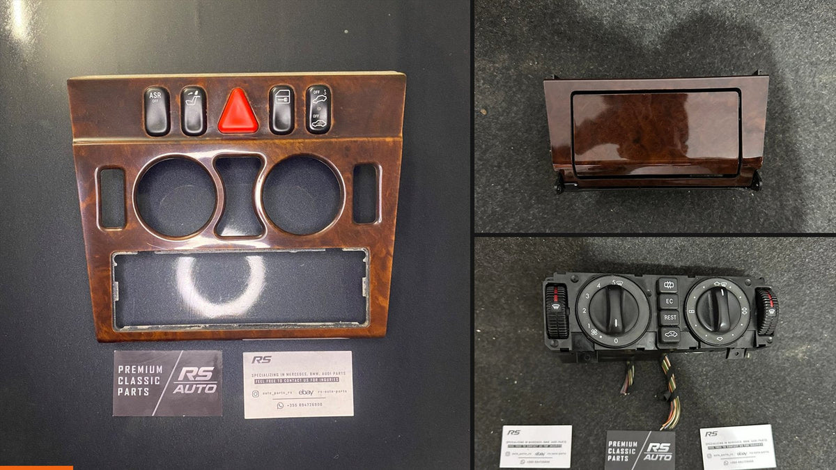 Mercedes-Benz W202 C-Class interior parts: burl walnut switch panel, burl ashtray and climate control unit