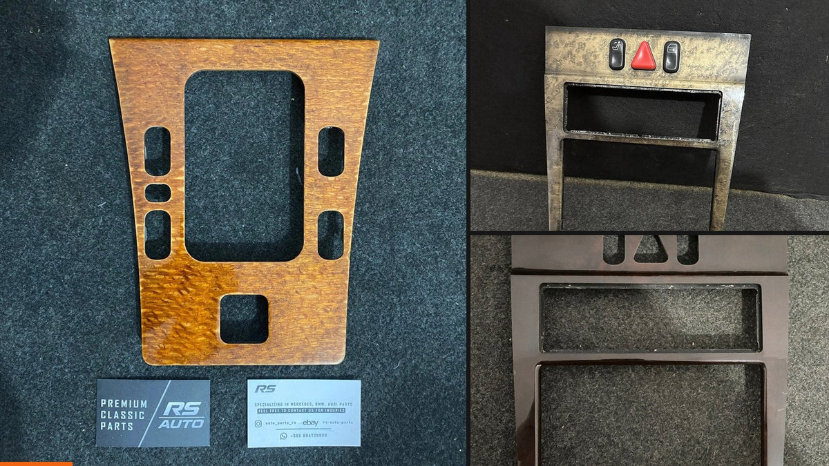 Mercedes-Benz W210 E-Class wood trim in three finishes: light Classic line shifter surround, bird's eye maple console and burl walnut console