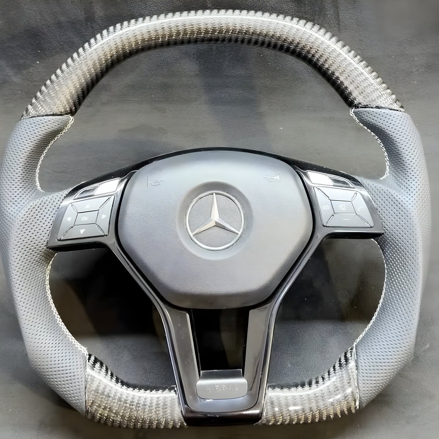 Custom AMG Carbon Fiber Steering Wheel with White Stitching for Mercedes W204 W212 C218 C117 R231