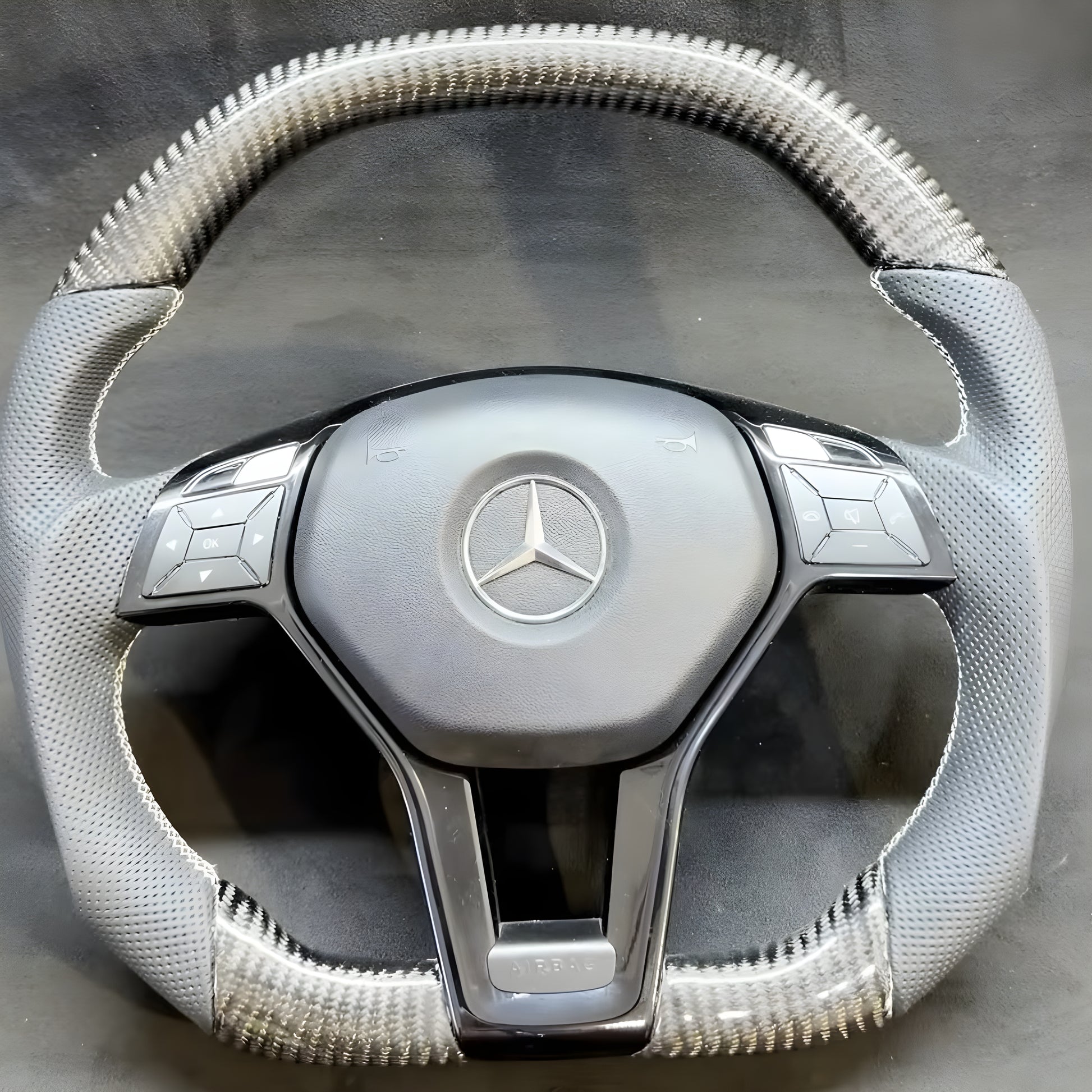 Custom AMG Carbon Fiber Steering Wheel with White Stitching for Mercedes W204 W212 C218 C117 R231
