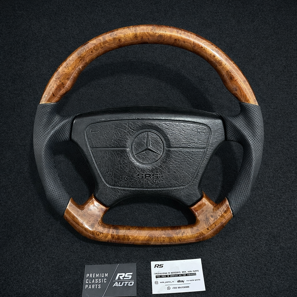 Custom Mercedes-Benz sport steering wheel with high-gloss Burl Wood and a flat-bottom D-cut design, compatible with W124, W140, and R129 models.