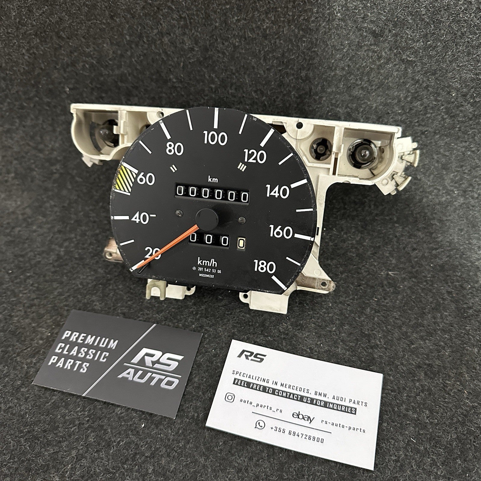 Refurbished genuine Mercedes-Benz W201 speedometer, 180 km/h, K=780 ratio, odometer set to 0 km, VDO part A2015425306.