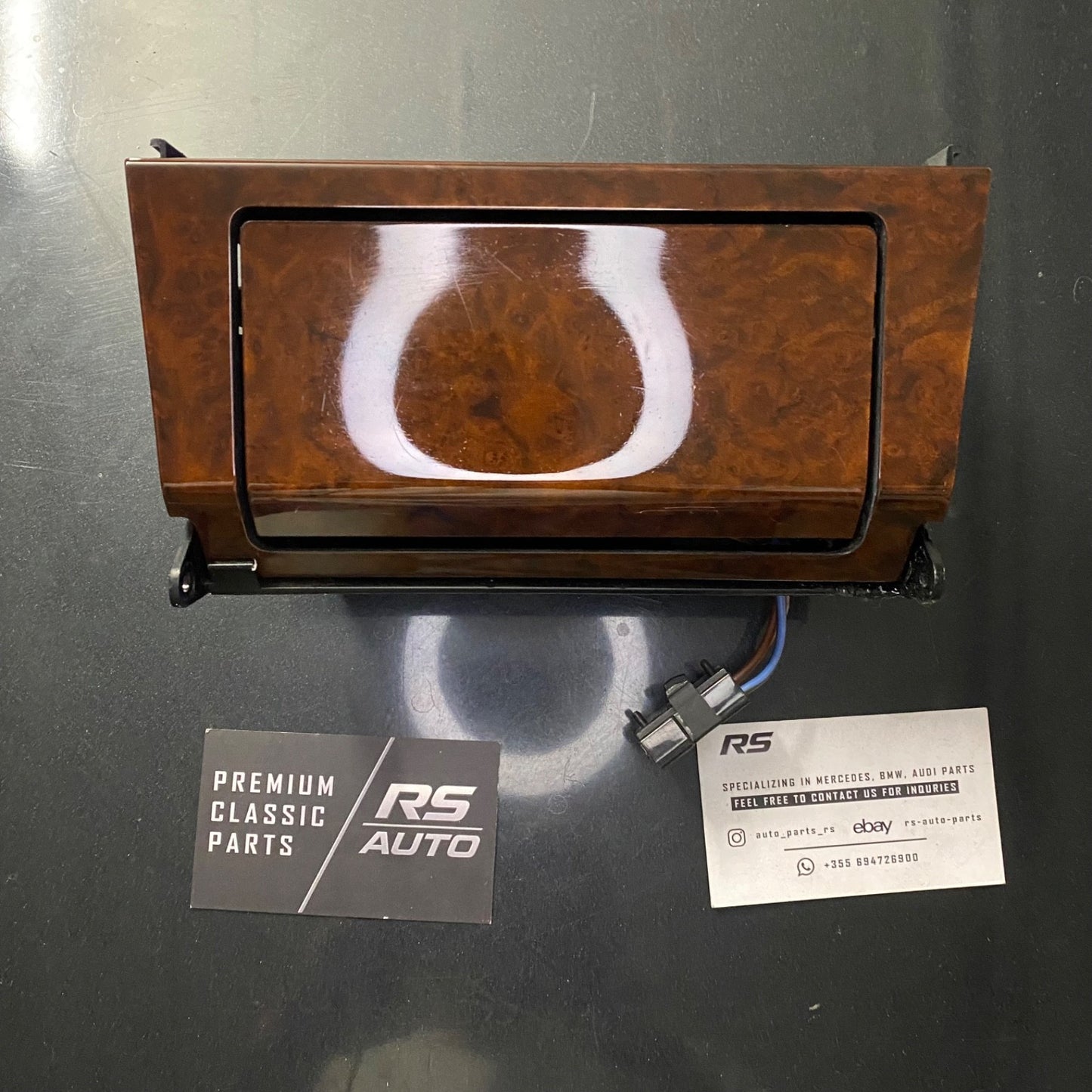 Genuine Mercedes-Benz W202 Burl Wood ashtray assembly for facelift C-Class models, OEM Wurzelnuss finish.