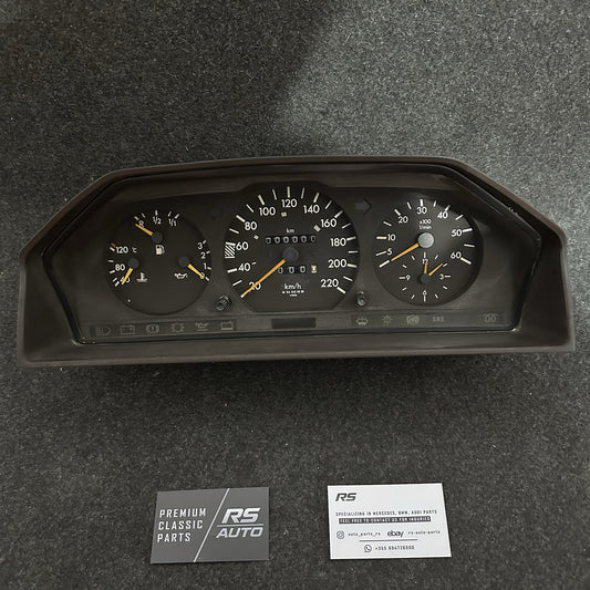Complete Mercedes W124 Diesel instrument cluster assembly with tachometer and 220km/h speedometer, VDO OEM part A1245423801.