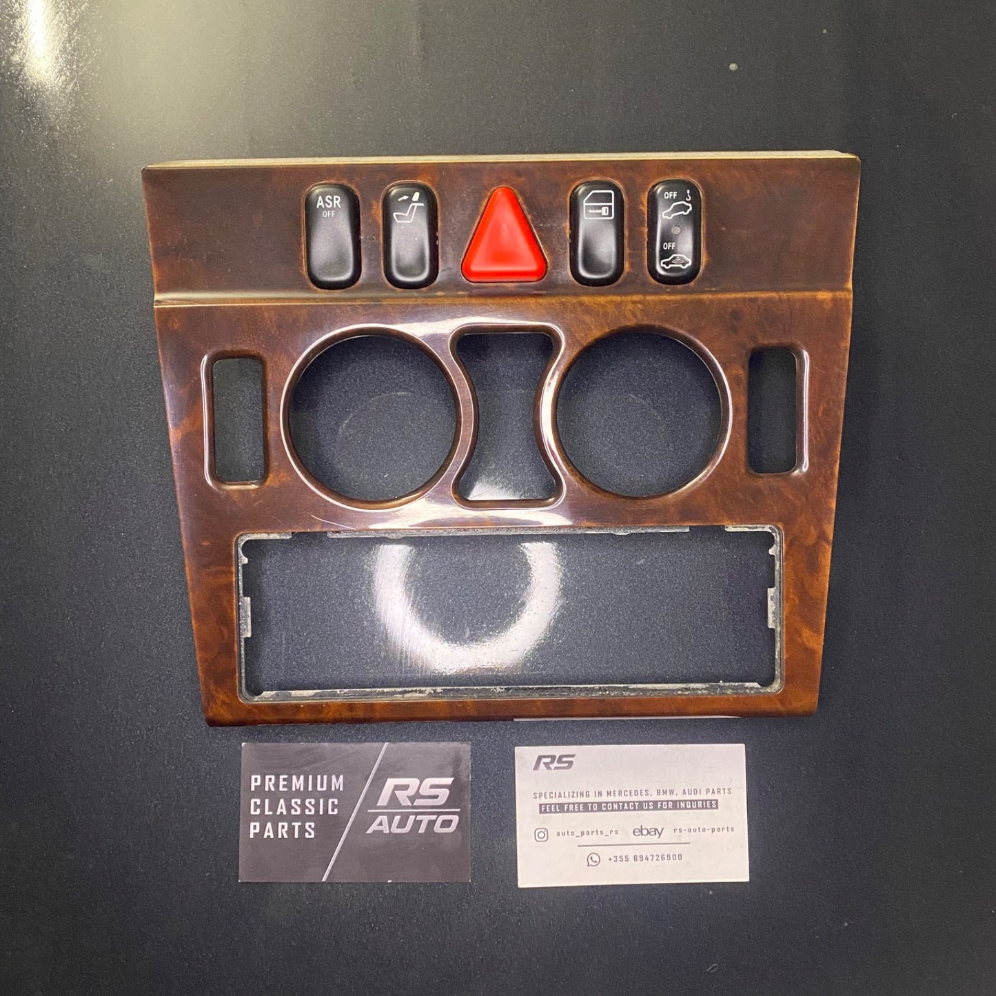 Genuine Mercedes-Benz W202 C-Class facelift Burl Wood center switch panel with ASR and alarm buttons, part A2026832808.