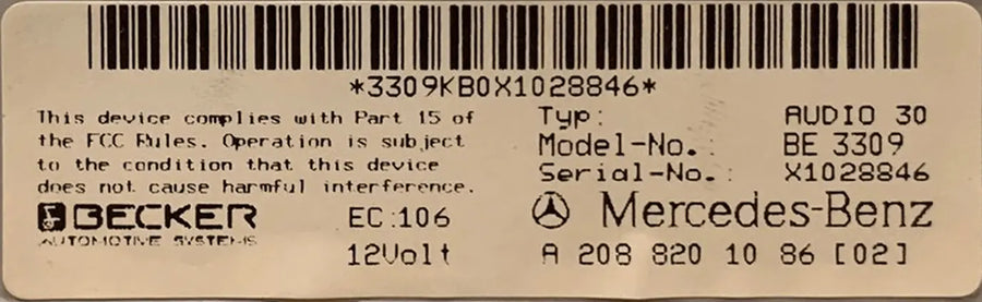Becker radio label showing where the model number and serial number are printed