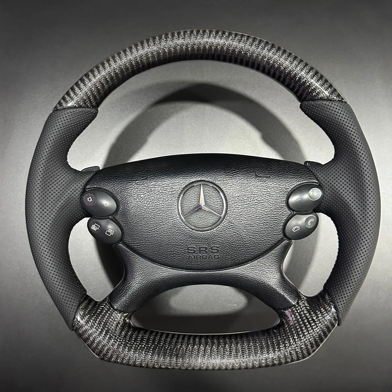 Custom Mercedes W211 and R230 AMG steering wheel in carbon fiber with flat bottom and paddle shifters
