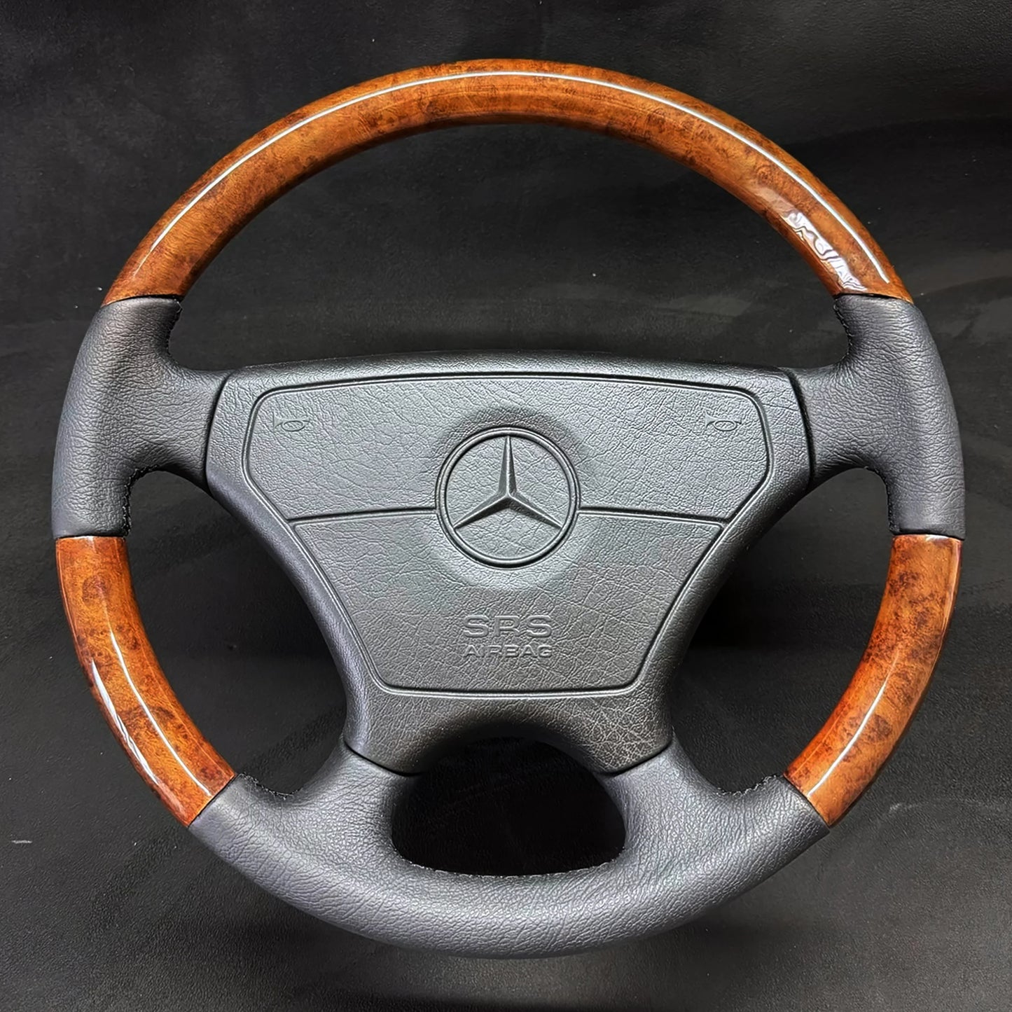 Refurbished Mercedes Sportline Burl Walnut Wood and Black Nappa Leather Steering Wheel with Airbag, Fits W124 R129 W202