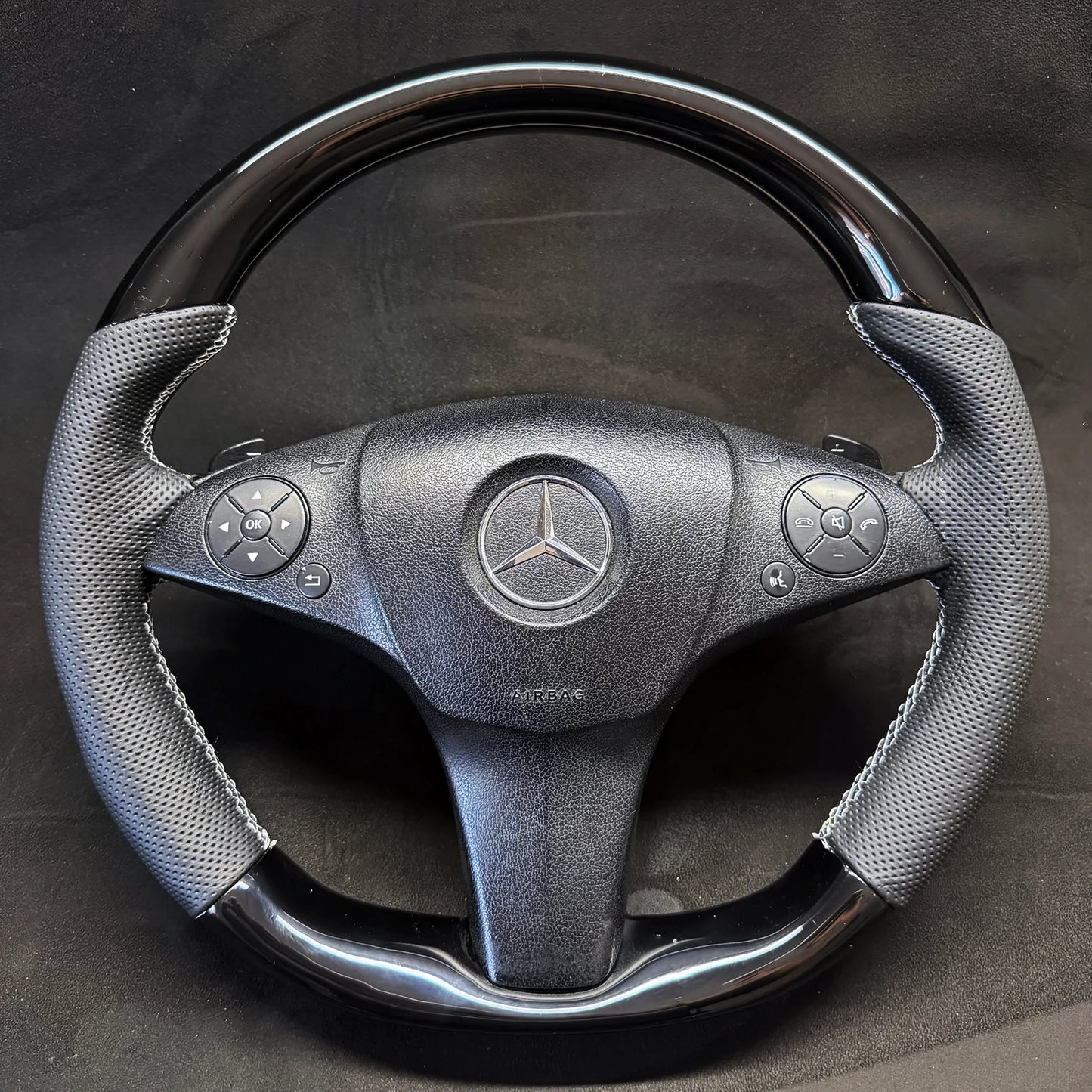 Mercedes W204 W212 Custom Piano Black Steering Wheel with Perforated Leather and Paddle Shifters.