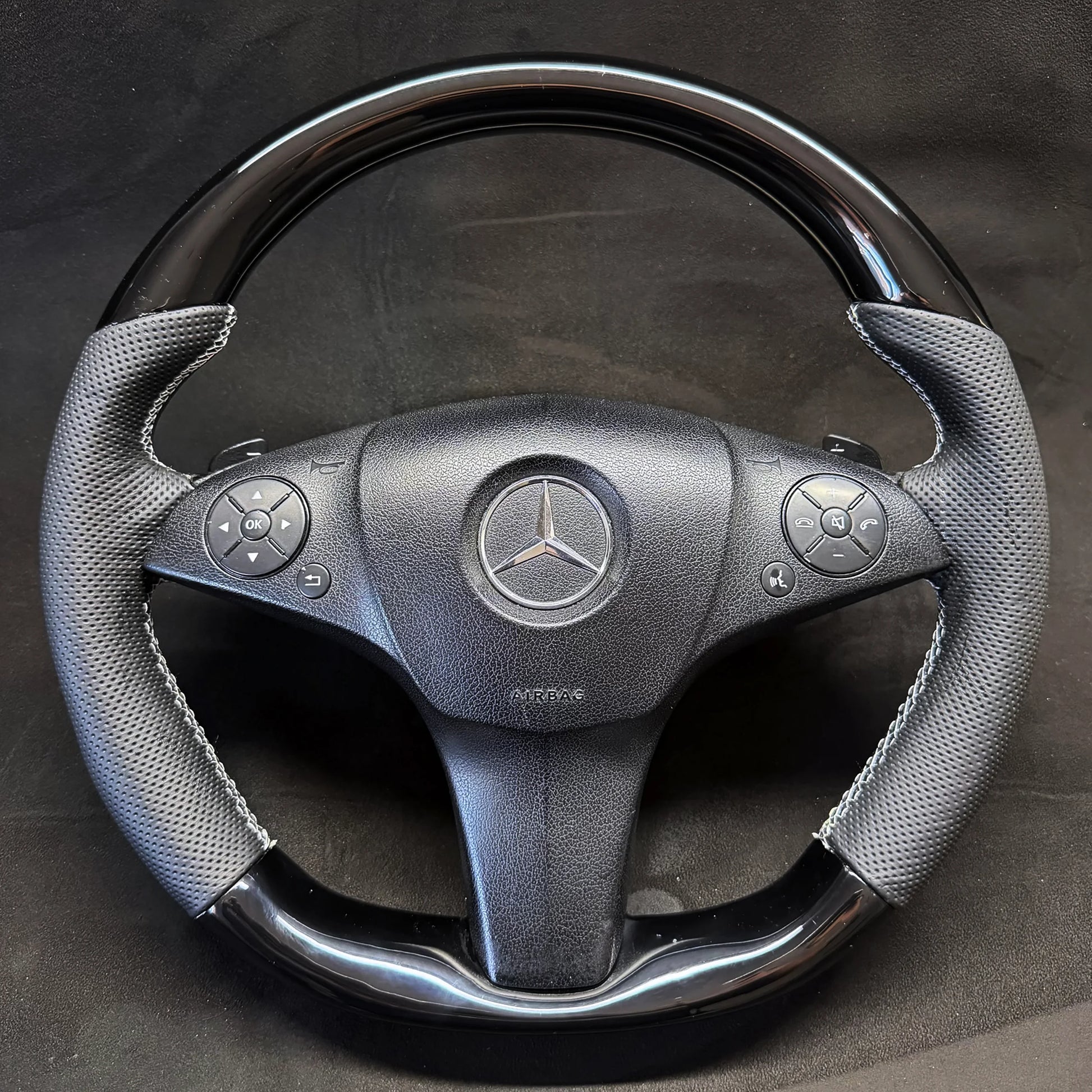 Mercedes W204 W212 Custom Piano Black Steering Wheel with Perforated Leather and Paddle Shifters.