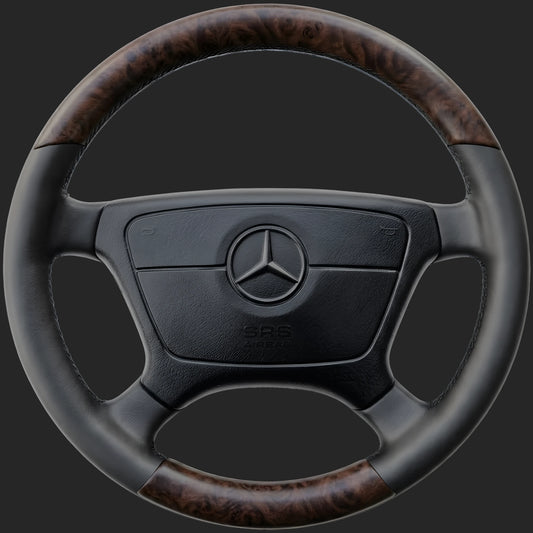 Mercedes-Benz C-Class W202 custom steering wheel: burl walnut top and bottom with black nappa leather