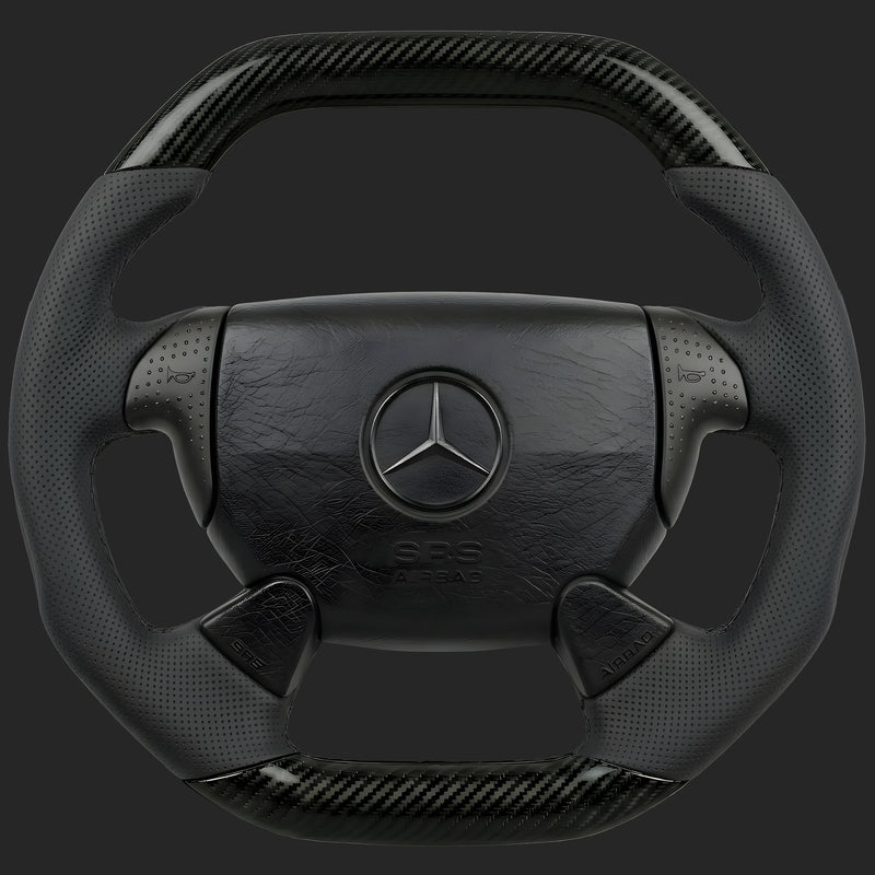 Mercedes-Benz C-Class W202 custom steering wheel: SL-style rim with a flat top and bottom, carbon fibre and perforated leather sides