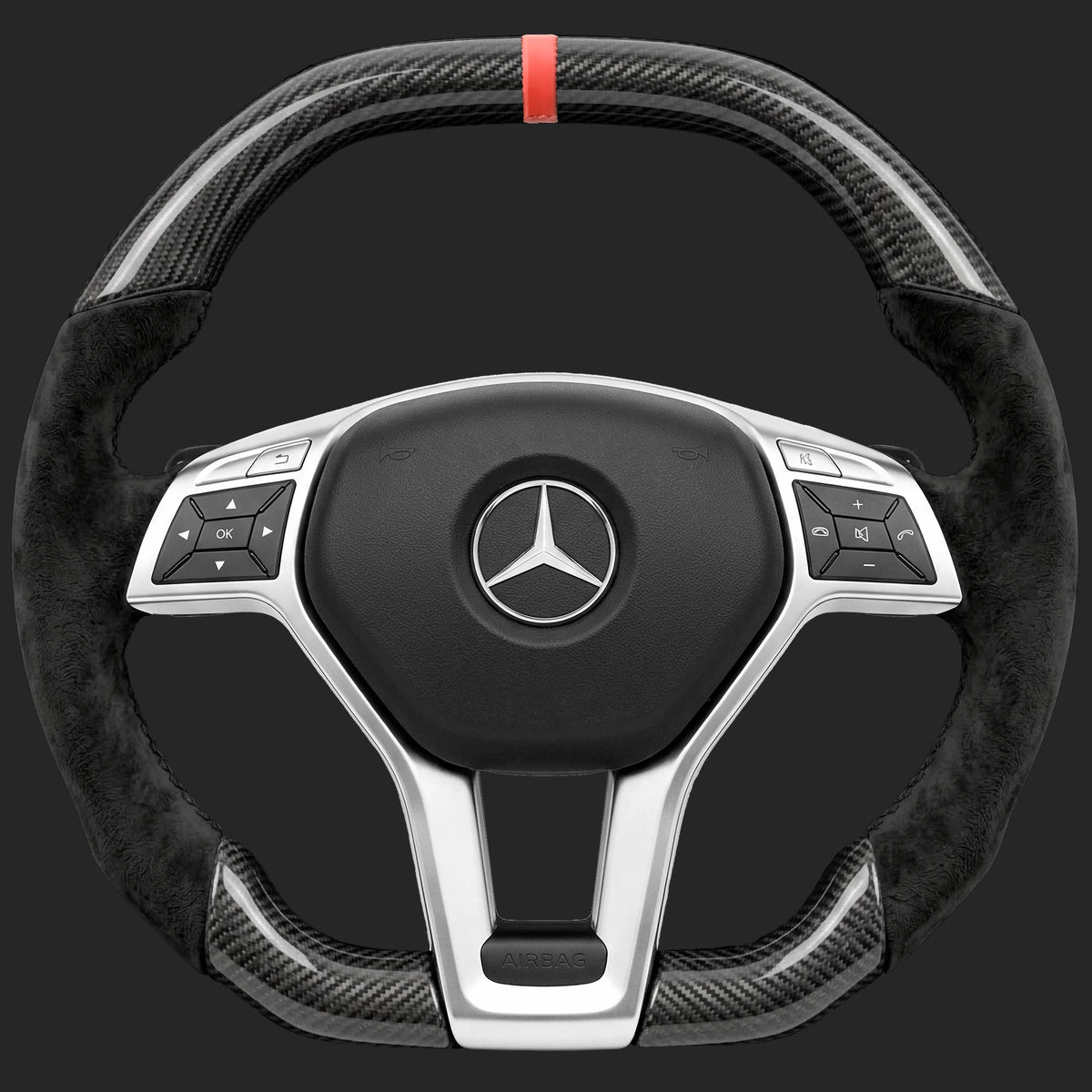 Mercedes-Benz C-Class W204 custom steering wheel: AMG Line wheel with square sport grip, carbon fibre, Alcantara sides, red 12 o'clock stripe and paddle shifters