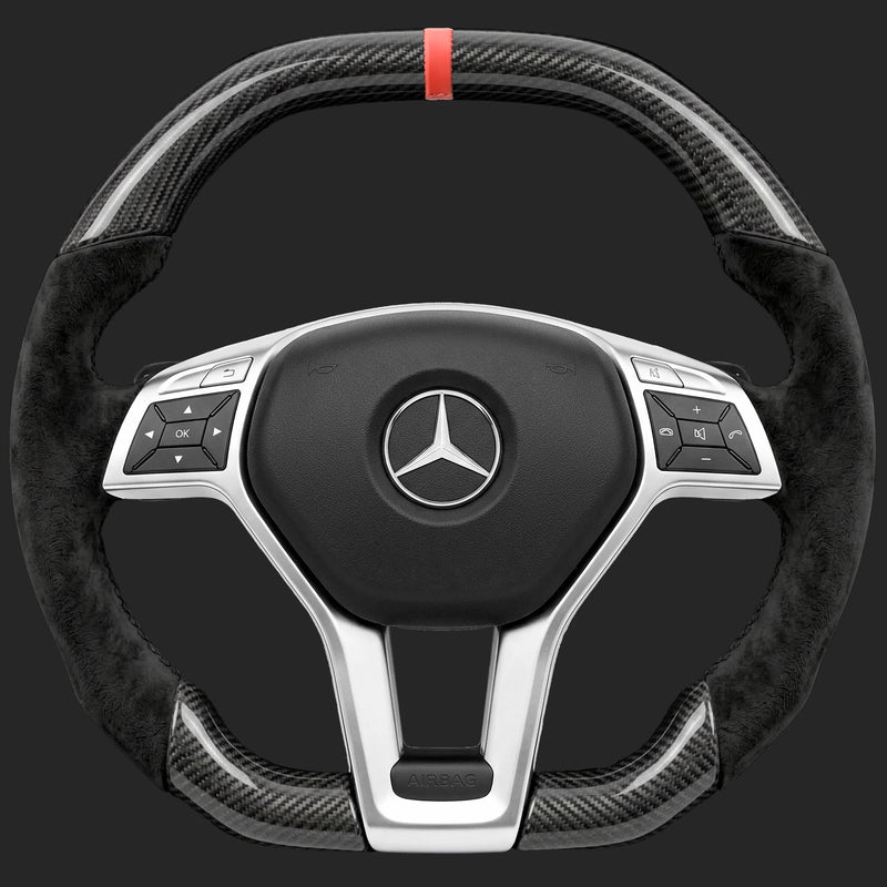 Mercedes-Benz C-Class W204 custom steering wheel: AMG Line wheel with square sport grip, carbon fibre, Alcantara sides, red 12 o'clock stripe and paddle shifters