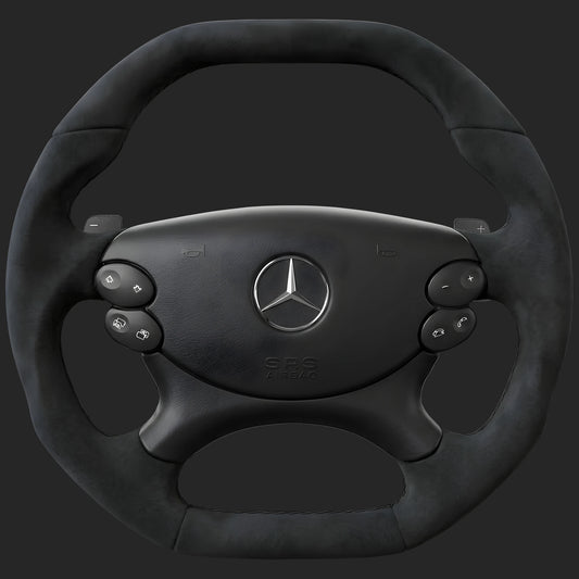 メルセデス・ベンツ CLS C219 カスタムステアリングホイール: 上下フラット、アルカンターラの上部とサイド、パドルシフト