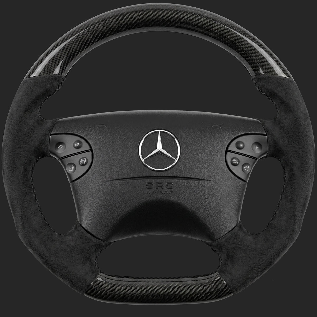 Lenkrad nach Maß für Mercedes-Benz E-Klasse W210: Facelift-Lenkrad mit Sport-Ergonomie, unten abgeflacht, Kohlefaser und Alcantara auf den Seiten