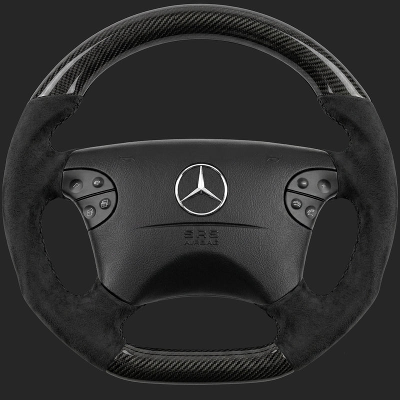Lenkrad nach Maß für Mercedes-Benz E-Klasse W210: Facelift-Lenkrad mit Sport-Ergonomie, unten abgeflacht, Kohlefaser und Alcantara auf den Seiten