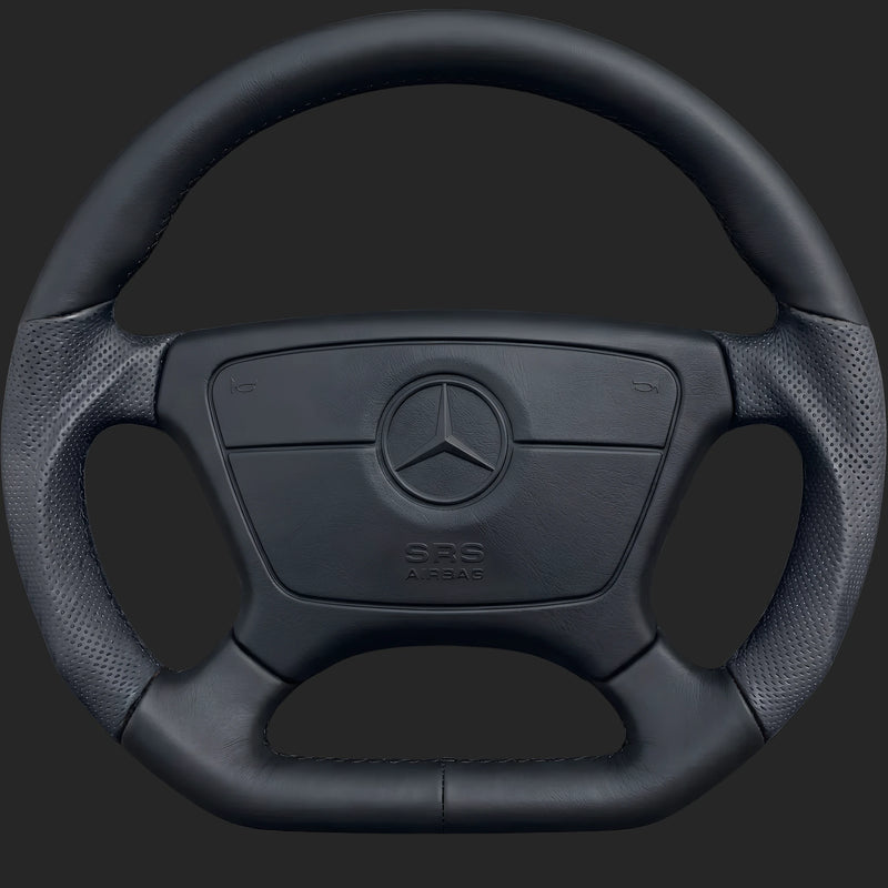 Lenkrad nach Maß für Mercedes-Benz E-Klasse W210: Sport-Ergonomie, unten abgeflacht und gelochtes Leder auf den Seiten