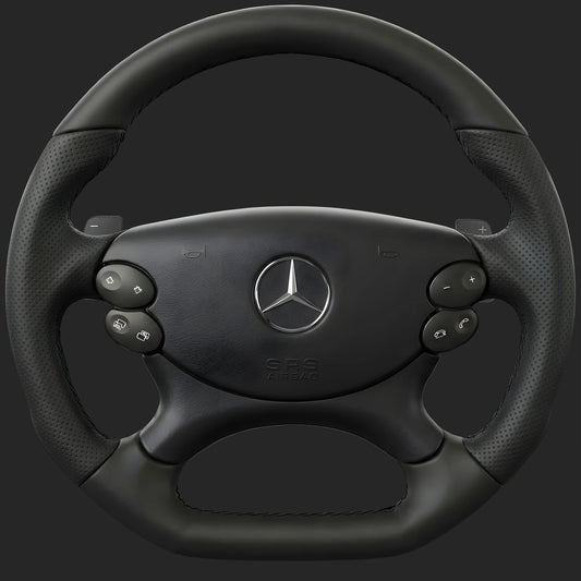 Mercedes-Benz E-Class W211 custom steering wheel: facelift wheel with sport grip, flat bottom, perforated leather sides and paddle shifters