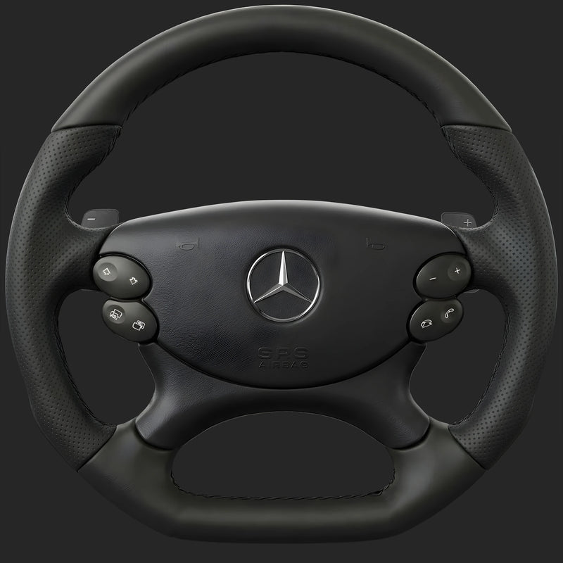 Mercedes-Benz E-Class W211 custom steering wheel: facelift wheel with sport grip, flat bottom, perforated leather sides and paddle shifters