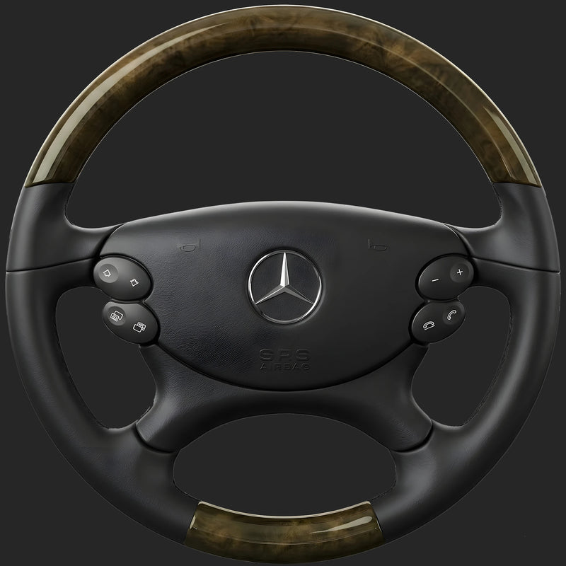 Mercedes-Benz E-Class W211 custom steering wheel: bird's-eye maple top and bottom