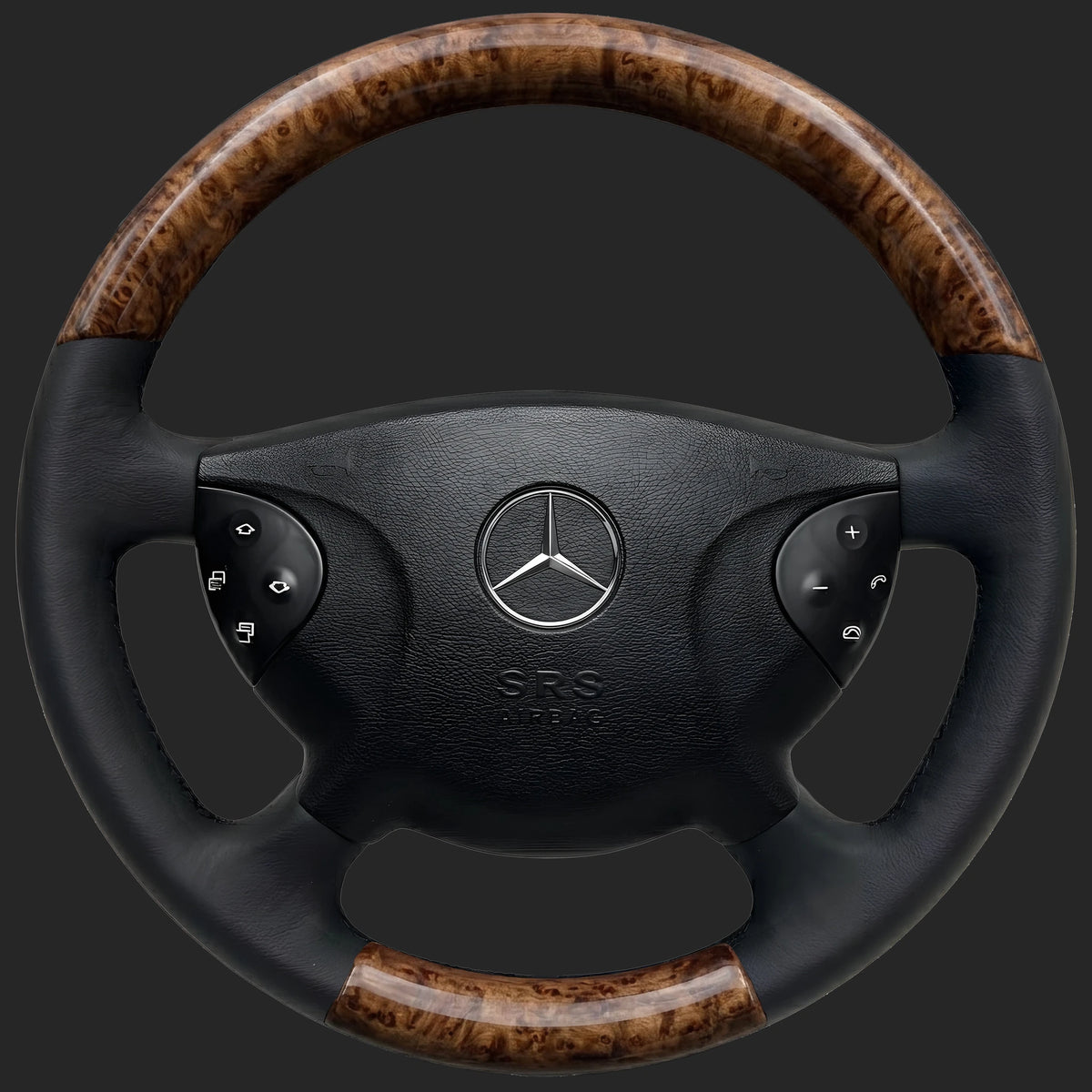 Mercedes-Benz E-Class W211 custom steering wheel: pre-facelift wheel with a burl walnut top and bottom