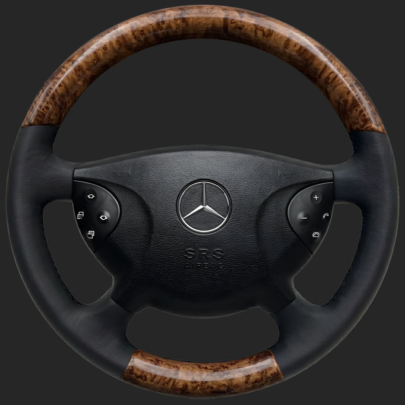 Mercedes-Benz E-Class W211 custom steering wheel: pre-facelift wheel with a burl walnut top and bottom