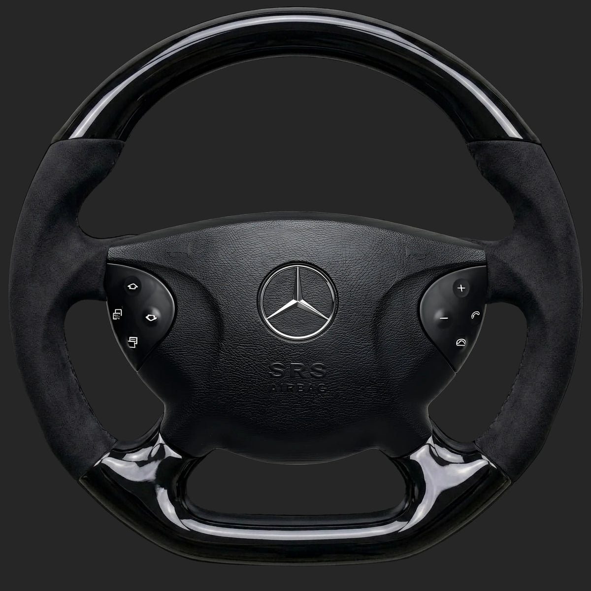 Mercedes-Benz E-Class W211 custom steering wheel: pre-facelift wheel with sport grip, flat bottom, piano black and Alcantara sides