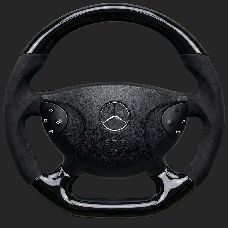 Mercedes-Benz E-Class W211 custom steering wheel: pre-facelift wheel with sport grip, flat bottom, piano black and Alcantara sides