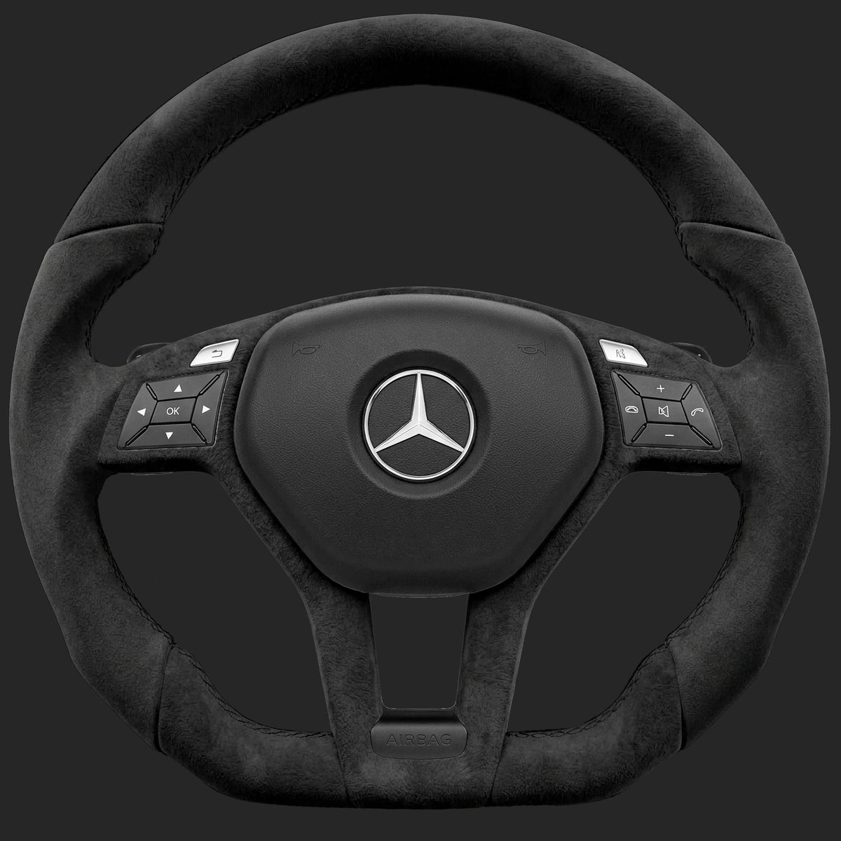 Mercedes-Benz E-Class W212 custom steering wheel: AMG Line wheel in Alcantara with Alcantara trim wrap and paddle shifters