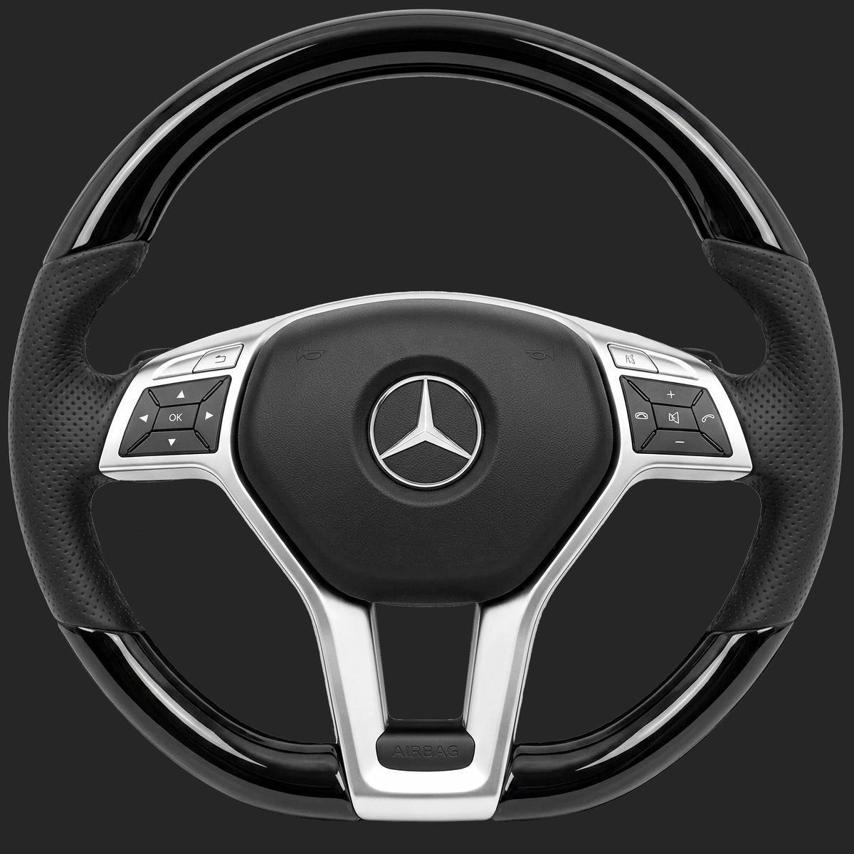 Mercedes-Benz E-Class W212 custom steering wheel: AMG Line wheel with piano black, perforated leather sides and paddle shifters