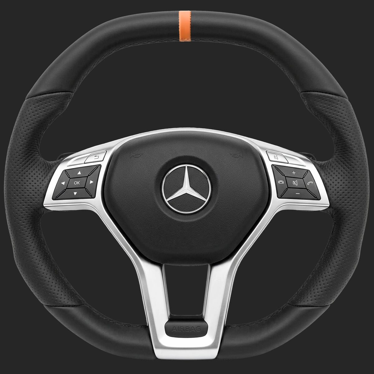 Mercedes-Benz E-Class W212 custom steering wheel: AMG Line wheel in the square shape with perforated leather, an orange 12 o'clock stripe and paddle shifters