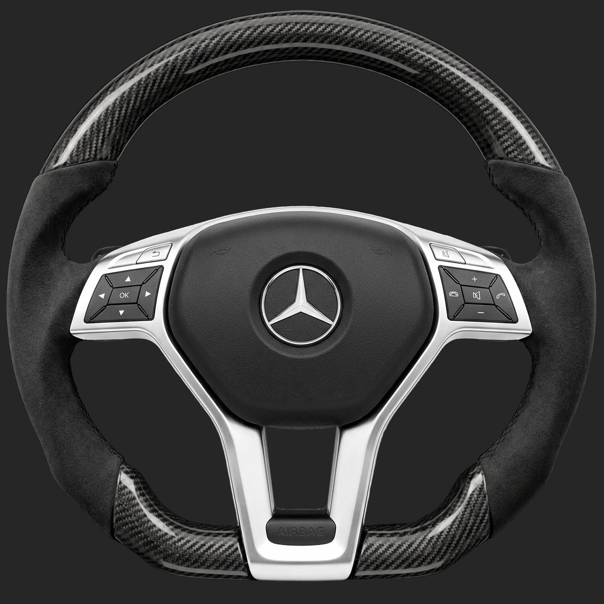 Mercedes-Benz E-Class W212 custom steering wheel: AMG Line wheel with sport grip, flat bottom, carbon fibre, Alcantara sides and paddle shifters