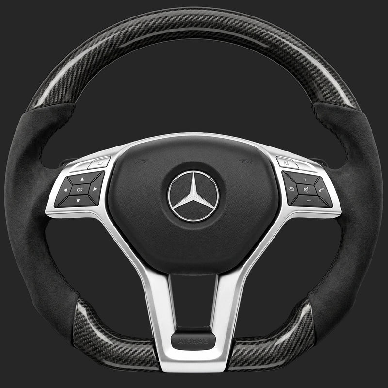 Mercedes-Benz E-Class W212 custom steering wheel: AMG Line wheel with sport grip, flat bottom, carbon fibre, Alcantara sides and paddle shifters