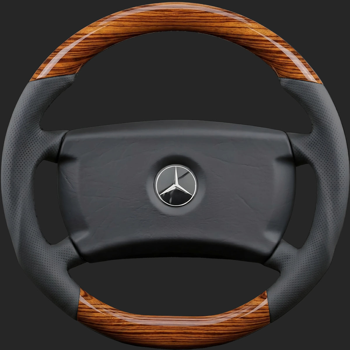 Volant sur mesure pour Mercedes-Benz Classe S W126: zebrano en haut et en bas, ergonomie sport et cuir perforé sur les côtés