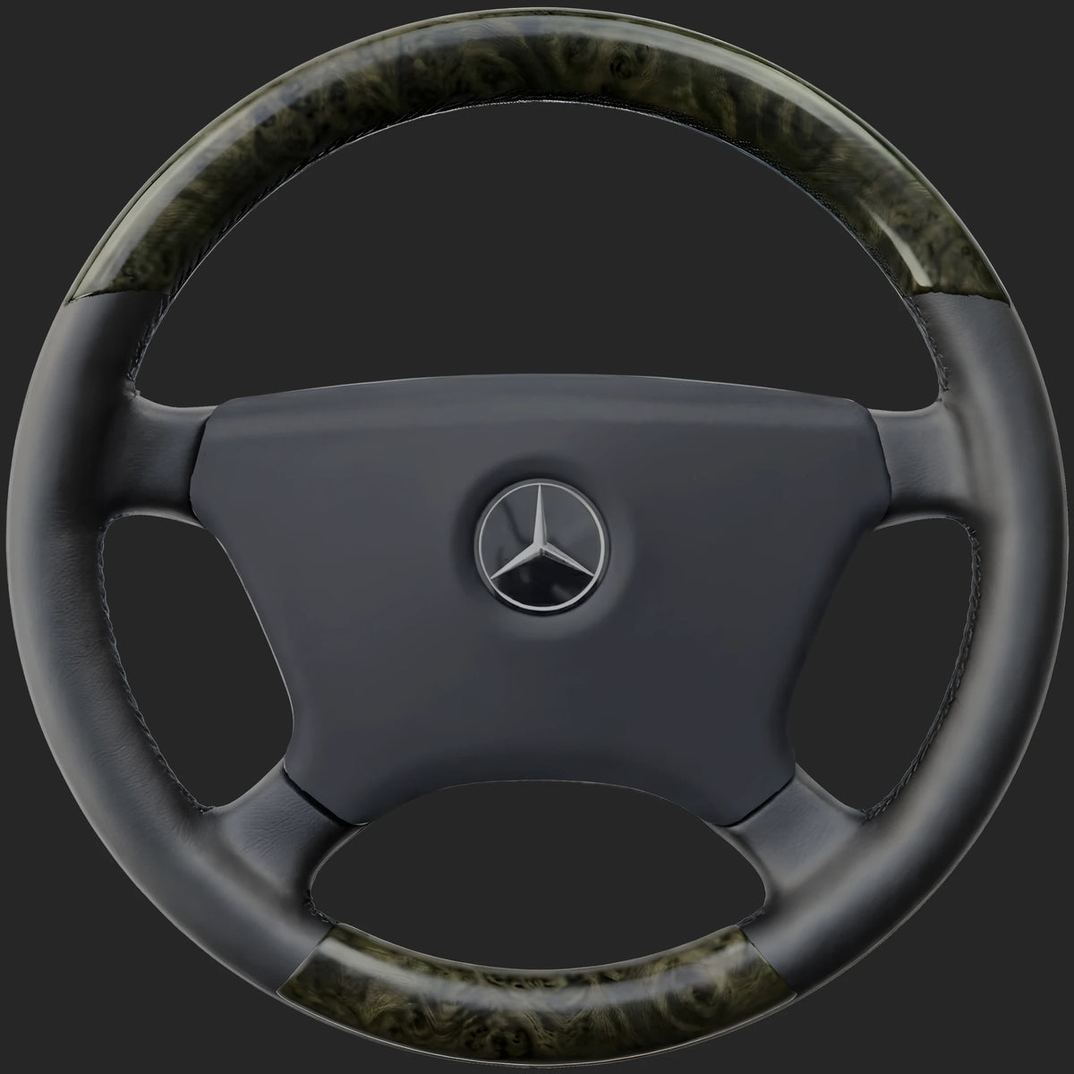 Mercedes-Benz SL R129 custom steering wheel: smaller-diameter rim with a bird's-eye maple top and bottom