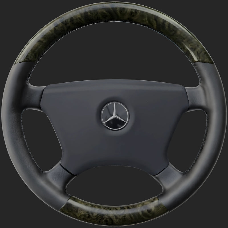 Mercedes-Benz SL R129 custom steering wheel: smaller-diameter rim with a bird's-eye maple top and bottom