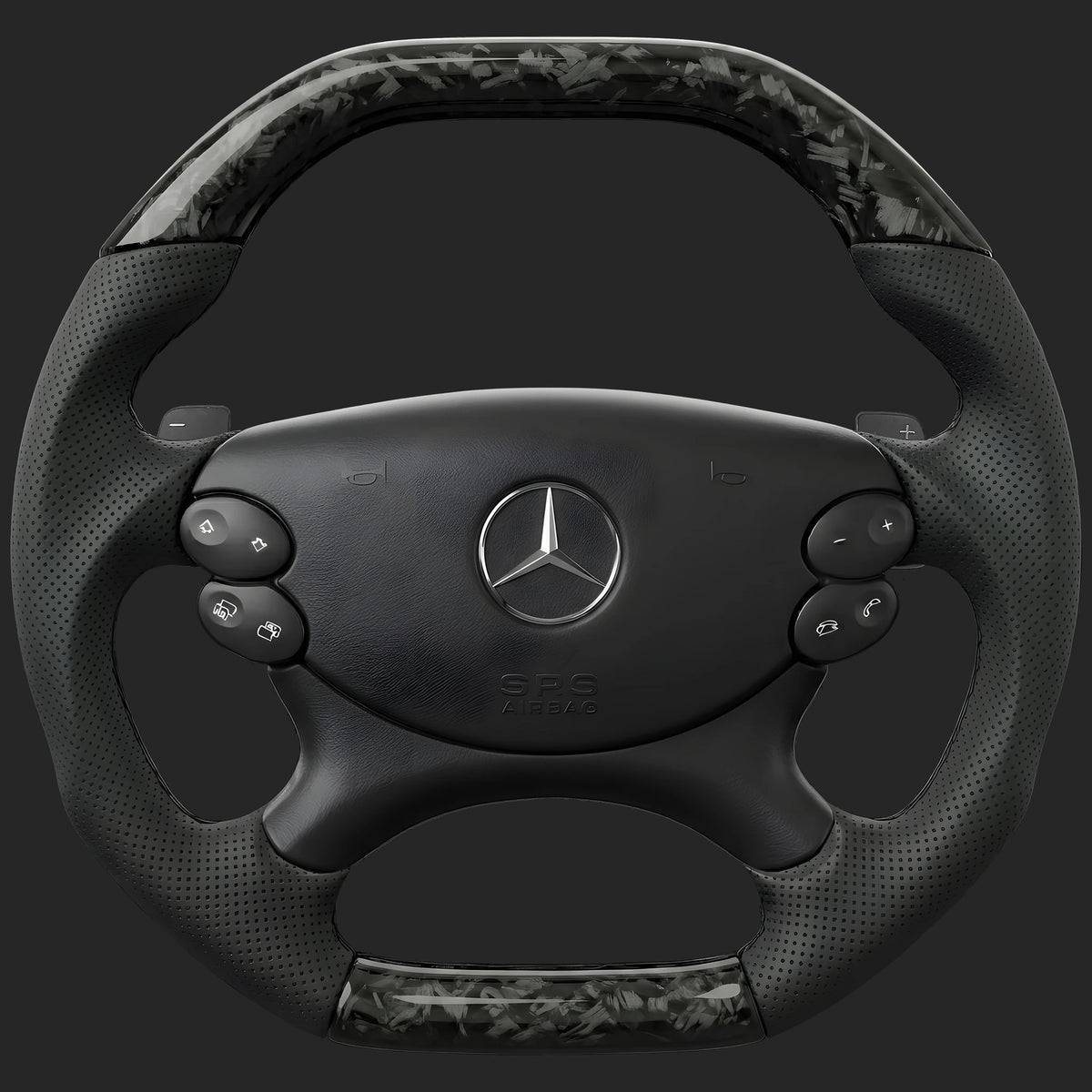 Lenkrad nach Maß für Mercedes-Benz SL R230: oben und unten abgeflacht, in Forged Carbon, gelochtes Leder auf den Seiten und Schaltwippen