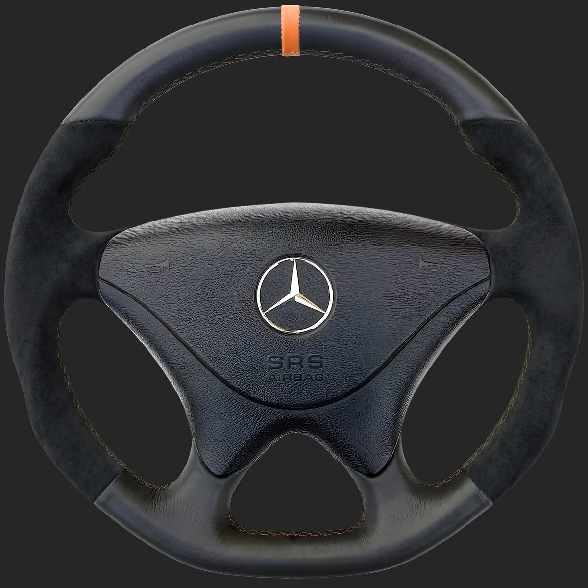 Lenkrad nach Maß für Mercedes-Benz SLK R170: Lenkradkranz im SL-Stil mit Sport-Ergonomie, unten abgeflacht, Alcantara auf den Seiten und orangefarbener 12-Uhr-Markierung