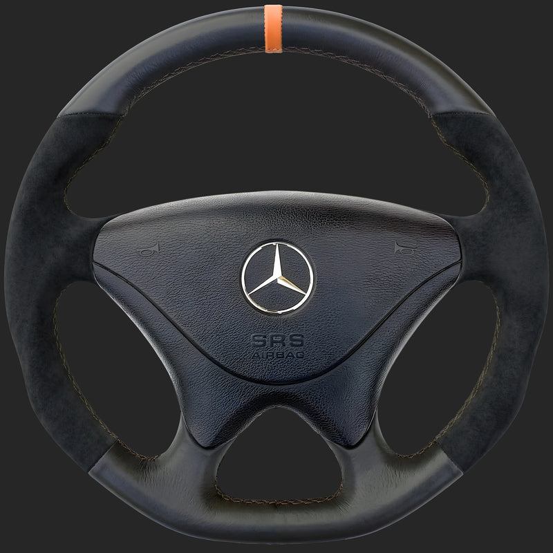 Lenkrad nach Maß für Mercedes-Benz SLK R170: Lenkradkranz im SL-Stil mit Sport-Ergonomie, unten abgeflacht, Alcantara auf den Seiten und orangefarbener 12-Uhr-Markierung