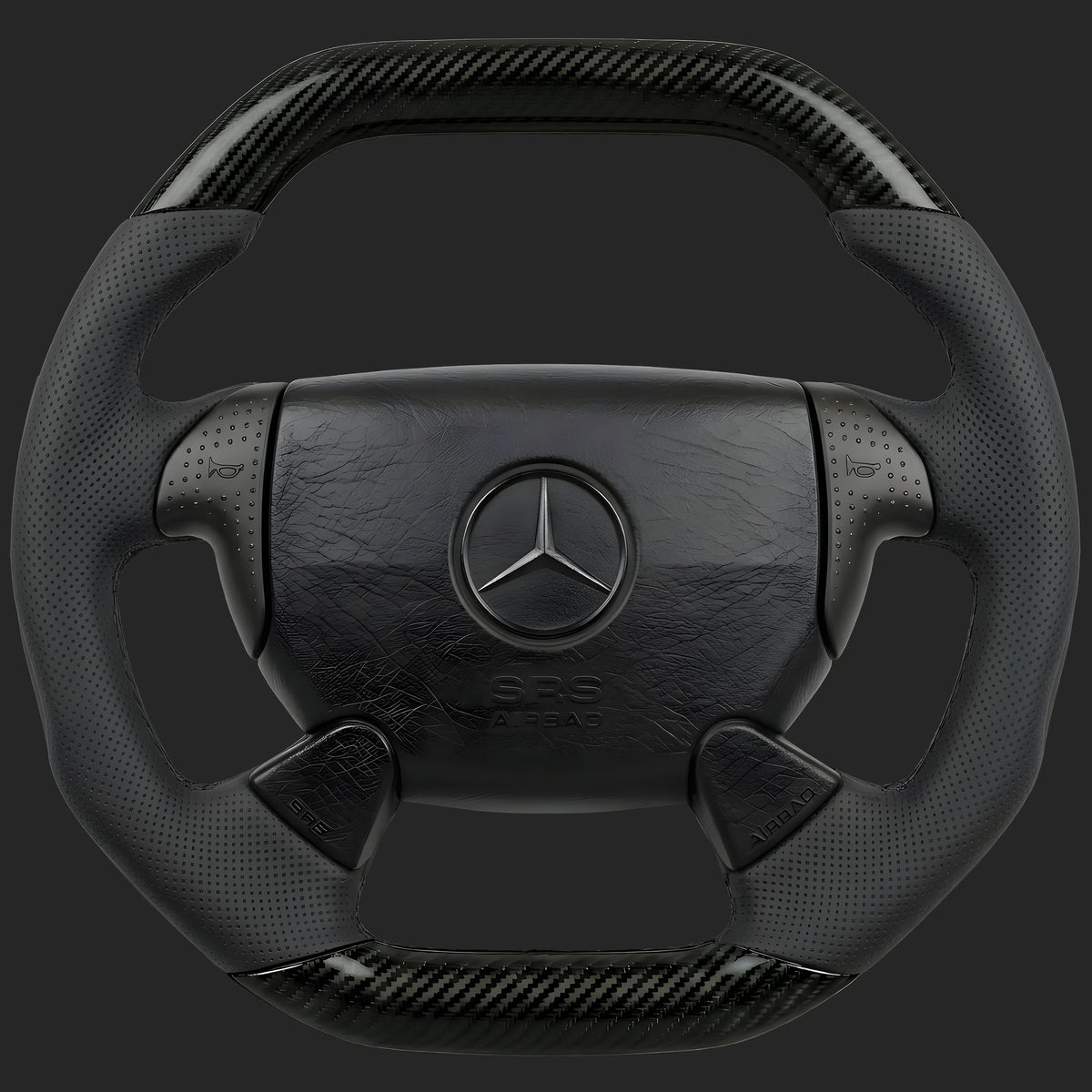 Lenkrad nach Maß für Mercedes-Benz SLK R170: Lenkradkranz im SL-Stil, oben und unten abgeflacht, mit Kohlefaser und gelochtem Leder auf den Seiten